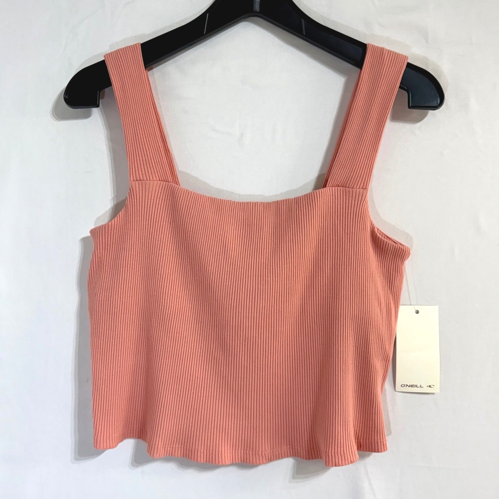 O'Neill Vanessa Solid Ribbed Crop Tank Top Coral Pink Square Neck Women's Large